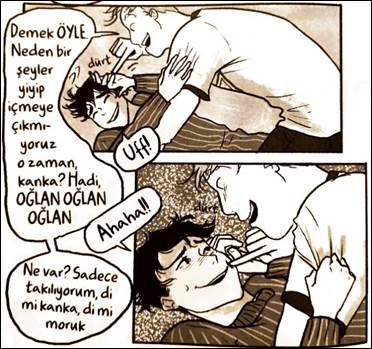 A comic page of two men hugging
Description automatically generated