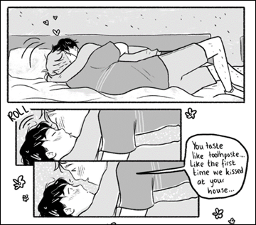 A comic page of a couple kissing
Description automatically generated